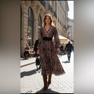 Paisley‎ Italian Floral Long-Sleeve Dress v  Neck Fit and Flare Dress Whimsigoth